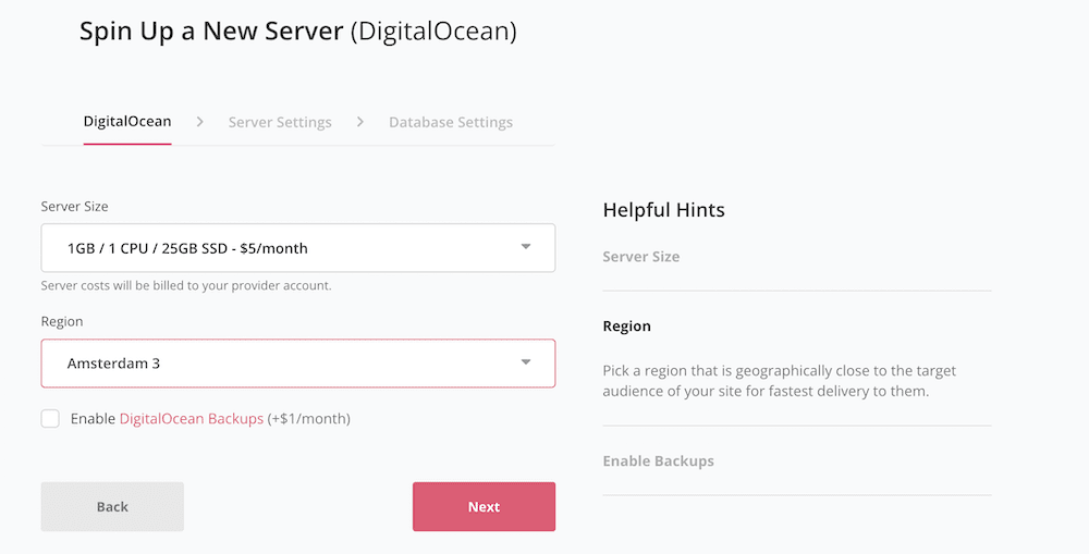 在 SpinupWP 上为您的服务器选择选项。