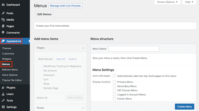 wordpress-创建菜单 Creating a menu in the WordPress dashboard.