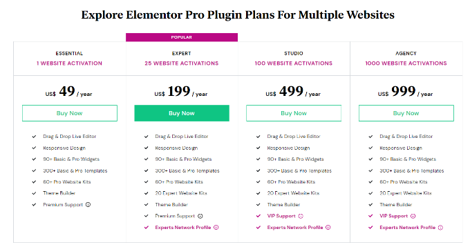 Elementor fiyatlandırma planları