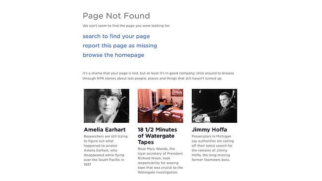 404 esempio di pagina di errore dal sito npr