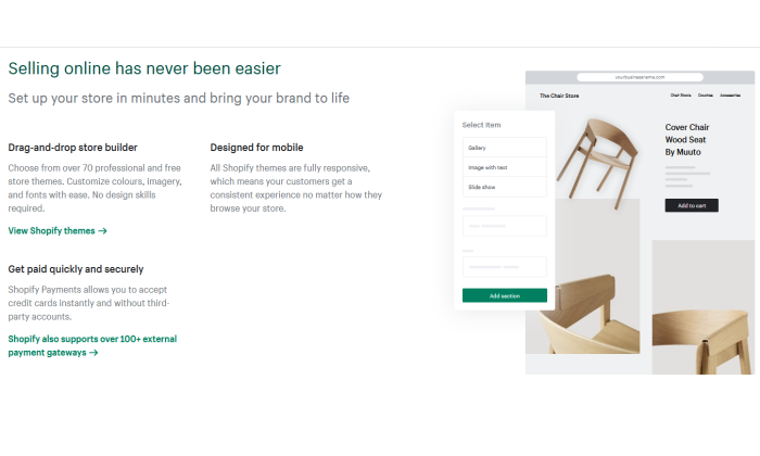 Shopify 최고의 웹 사이트 빌더를 위한 온라인 시작 페이지 판매