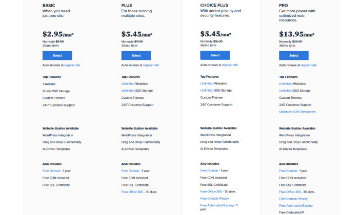 가장 저렴한 웹 호스팅을 위한 Bluehost 가격 페이지