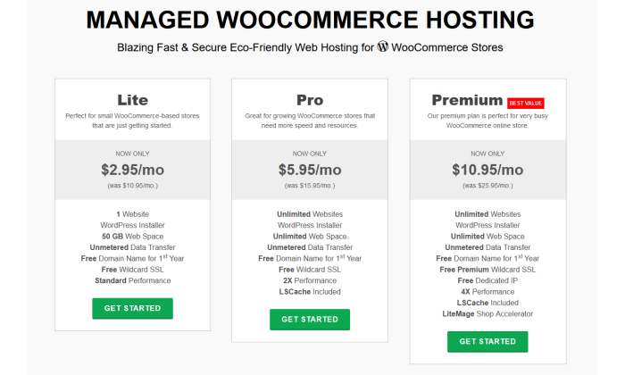 GreenGeeks는 최고의 저렴한 웹 호스팅을 위한 WooCommerce 호스팅 가격 페이지를 관리합니다.