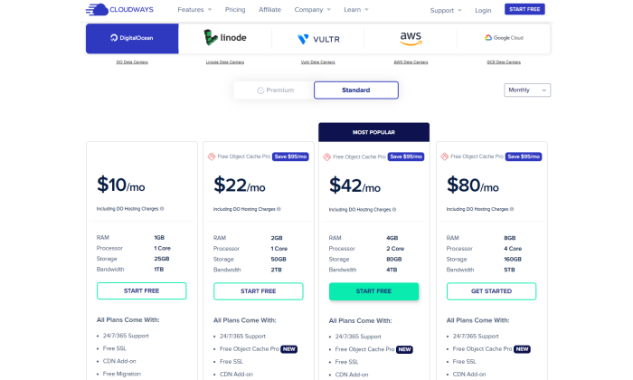 최고의 웹 호스팅에 대한 Cloudways 가격 페이지