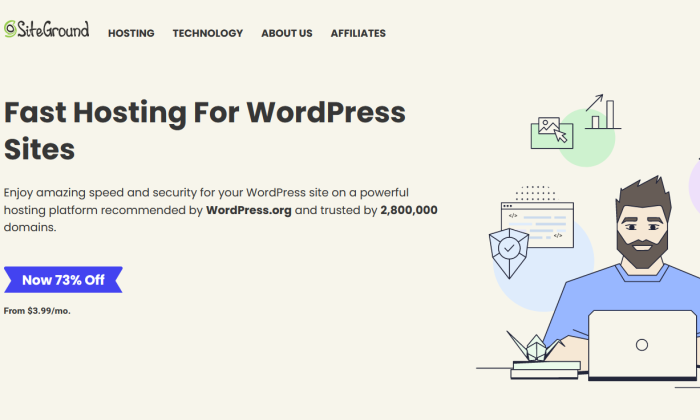 최고의 WordPress 호스팅을 위한 SiteGround WordPress 메인 페이지