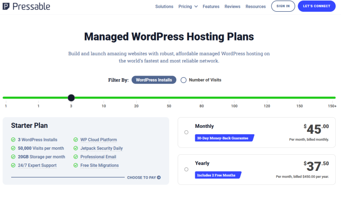 최고의 WordPress 웹 호스팅을 위한 누를 수 있는 표준 가격 페이지