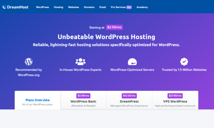 최고의 WordPress 웹 호스팅을 위한 DreamHost 시작 페이지