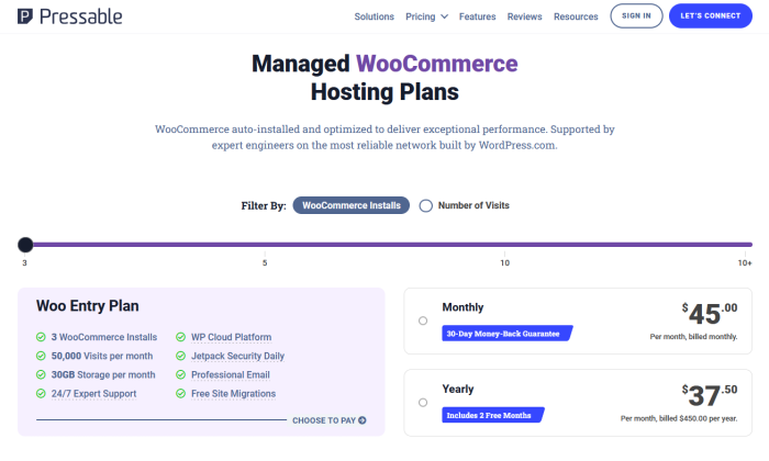 최고의 WordPress 웹 호스팅을 위한 Pressable WooCommerce 가격 페이지