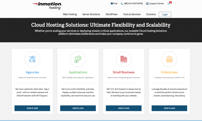 최고의 클라우드 웹 호스팅을 위한 클라우드용 InMotion Hosting 메인 페이지