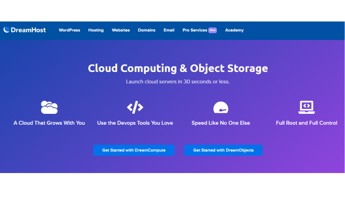 최고의 클라우드 웹 호스팅을 위한 클라우드용 DreamHost 메인 페이지