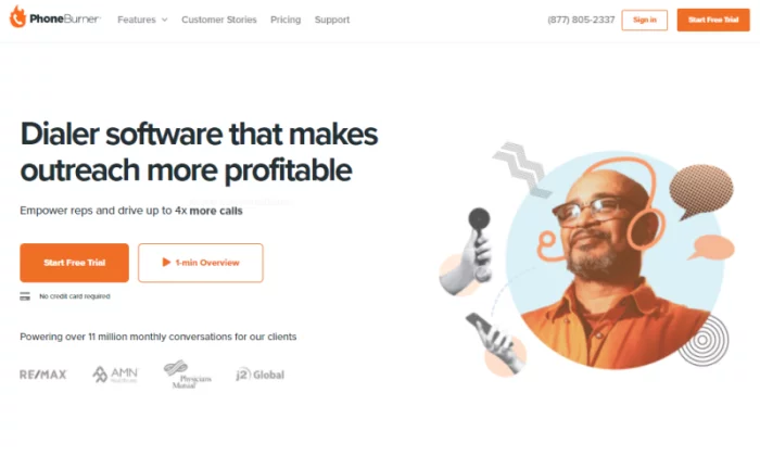 VoIP 전화 서비스용 PhoneBurner 기본 시작 페이지