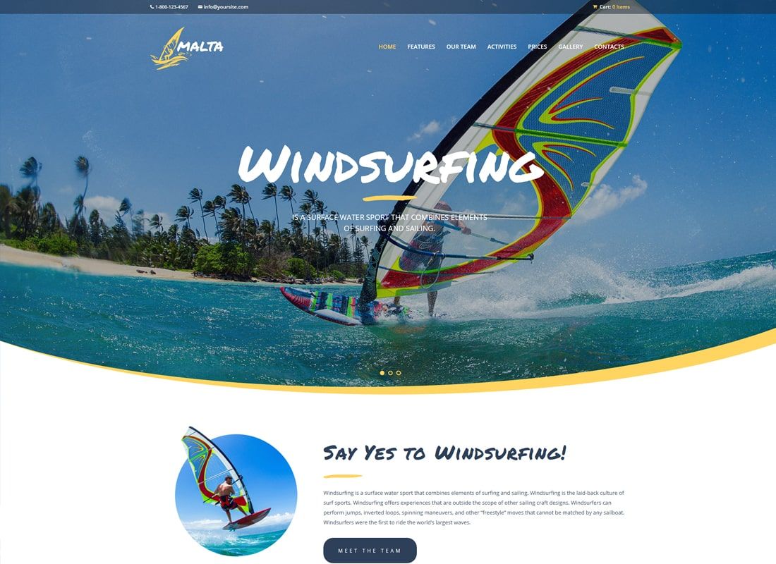 몰타 | 윈드서핑, 카이트서핑 및 웨이크서핑 센터 WordPress 테마