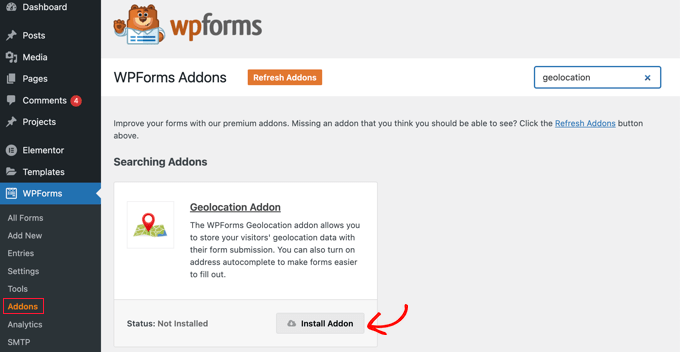导航到 WPForms » 插件并安装地理位置插件 Navigate to WPForms » Addons and Install the Geolocation Addon