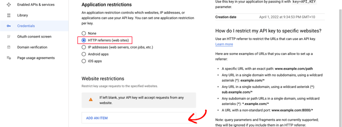 限制为 HTTP 引荐来源网址(网站) Restrict to HTTP Referrers (Web Sites)