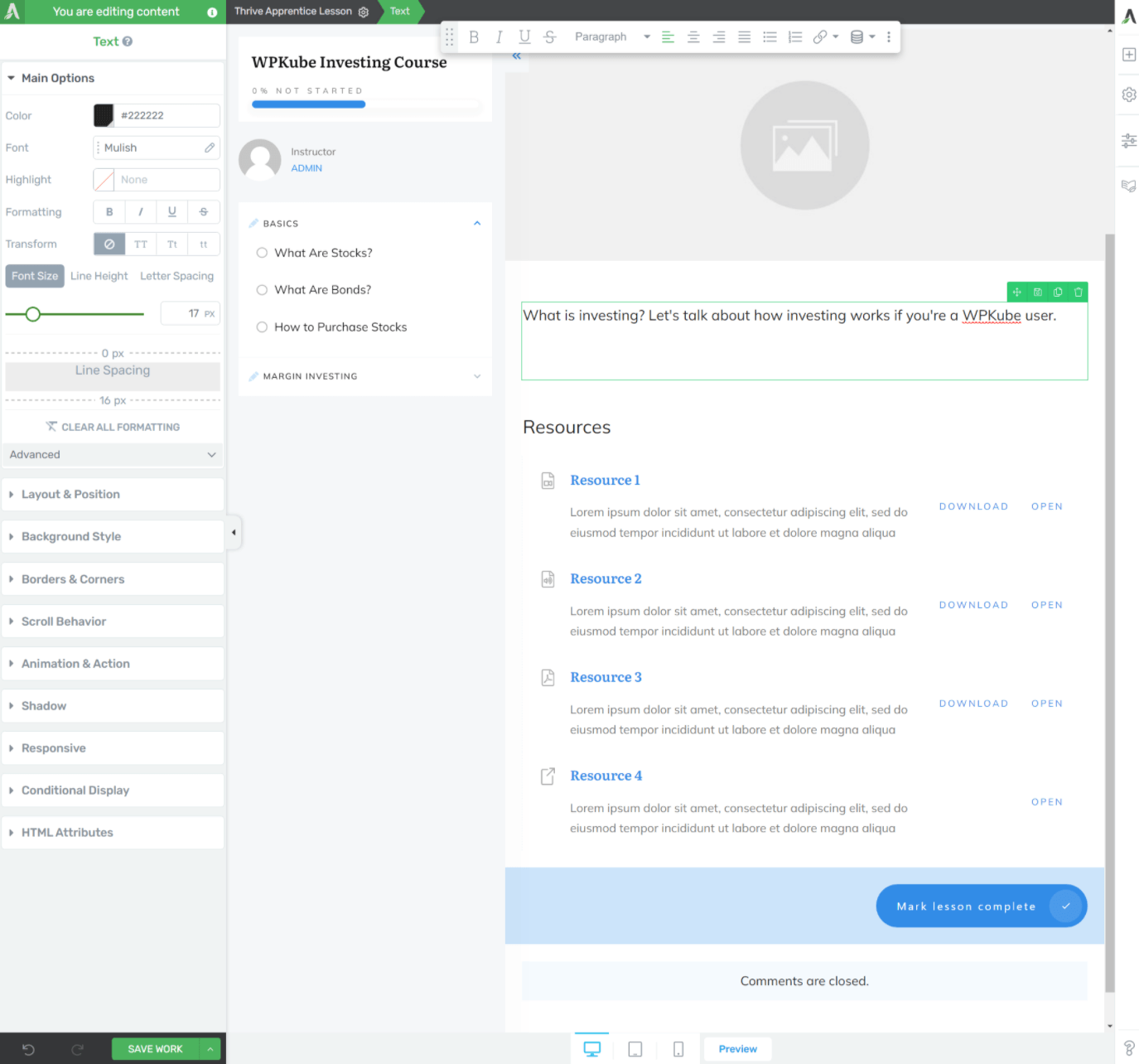 Aggiunta del contenuto della lezione utilizzando il visual builder