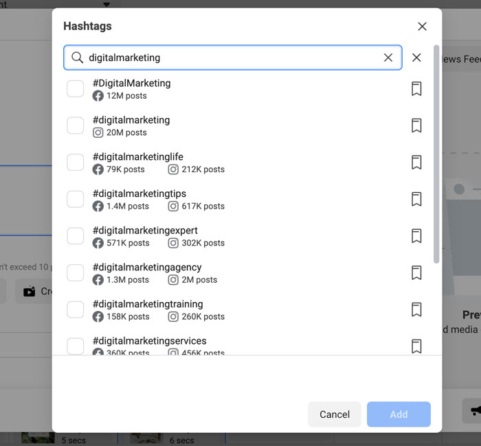 Recomendações de hashtag do Facebook Business Suite com base em suas seleções anteriores