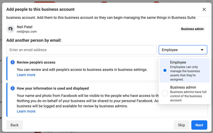 No Facebook Business Suite, adicione pessoas à sua conta comercial