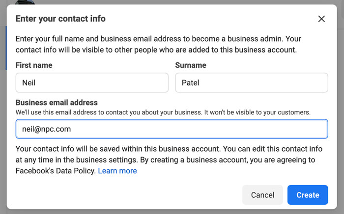 Formulário de informações de contato no Facebook Business Suit