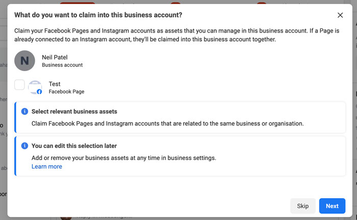 Selecione suas contas do Facebook e Instagram no Facebook Business Suite