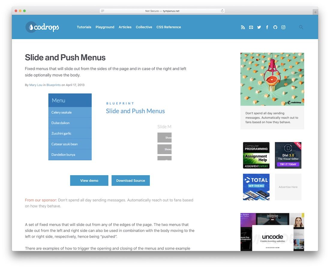 faire glisser et pousser les menus