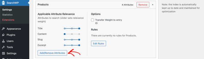 Clique no botão 'Adicionar/Remover Atributos' na seção Produtos