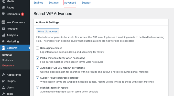 Configurações avançadas do SearchWP