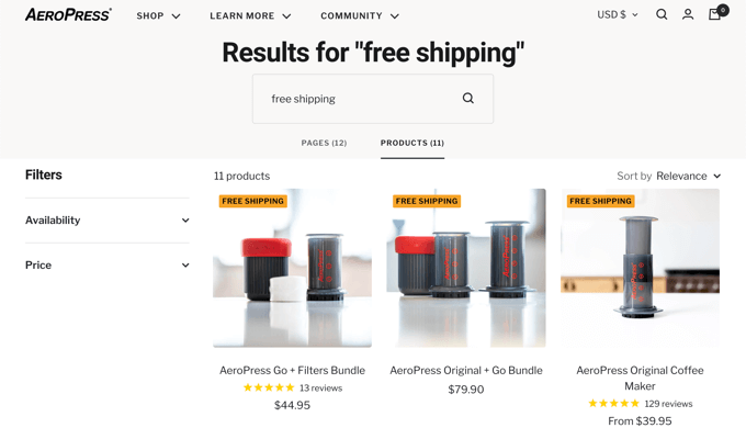 Página de resultados da pesquisa de produtos AeroPress