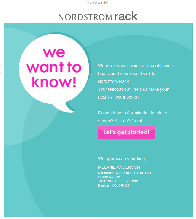 Etapas do funil de marketing - solicitação de pesquisa pós-visita nordstrom rack enviada por e-mail Marketing Funnel Stages - nordstrom rack post visit survey request sent by email