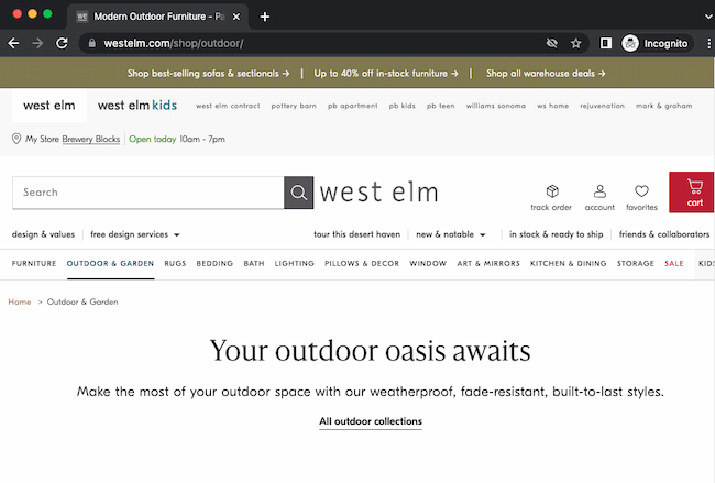 ชื่อหน้า SEO ที่ยอดเยี่ยมในตัวอย่างนี้จากชื่อหน้าของ West Elm อ่านว่า "โอเอซิสกลางแจ้งของคุณกำลังรออยู่" ในขณะที่แท็กชื่ออ่านว่า "Modern Outdoor Furniture" เพื่อแสดงเจตนาของหน้า