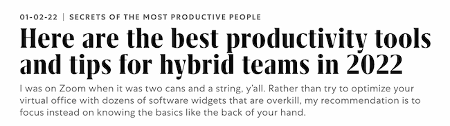 ตัวอย่าง SEO ชื่อเพจ: Fast Company, “ต่อไปนี้คือเครื่องมือเพิ่มประสิทธิภาพการทำงานและเคล็ดลับสำหรับทีมไฮบริดในปี 2022”