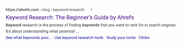 ตัวอย่างแท็กชื่อเรื่อง: Ahrefs “การวิจัยคำหลัก: คู่มือสำหรับผู้เริ่มต้นใช้งานโดย Ahrefs”