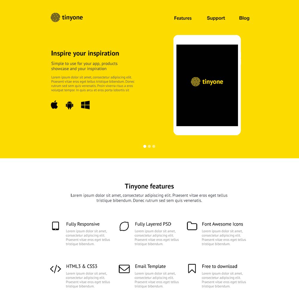 Plantilla de sitio web PSD gratis de la aplicación Tinyone