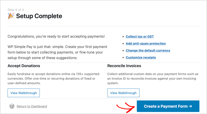 WP Simple Pay Setup เสร็จสมบูรณ์