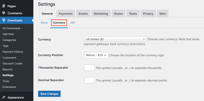 Le impostazioni della valuta di Easy Digital Downloads The Easy Digital Downloads currency settings