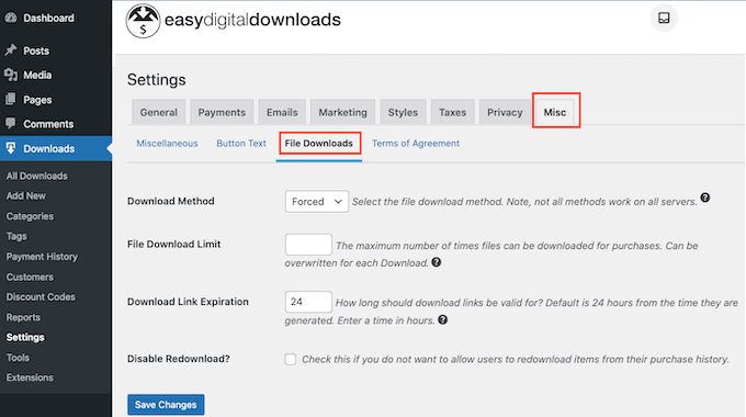 Le impostazioni di scadenza del download The download expiration settings