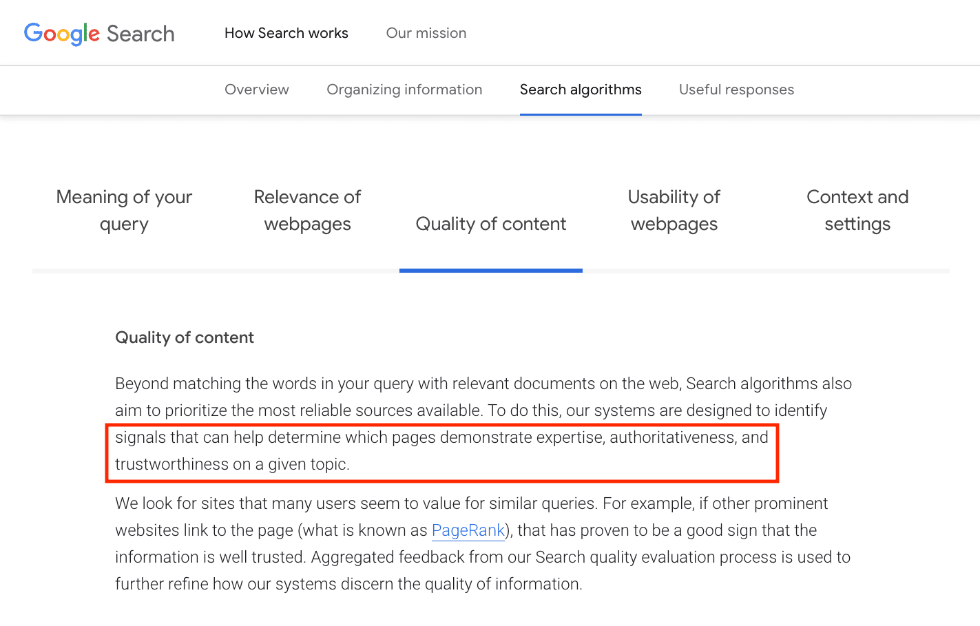 Detaliile factorilor de clasare Google pentru conținutul de pe pagina cu rezultate ale motoarelor de căutare