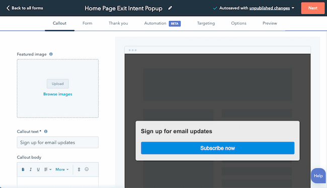 HubSpot 仪表板中的退出意图弹出表单。
