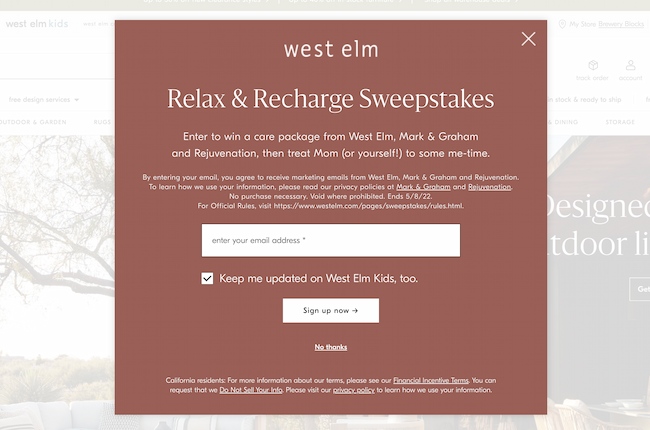 退出意图弹出示例：West Elm