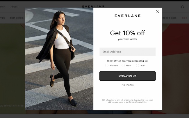 退出意图弹出示例：Everlane