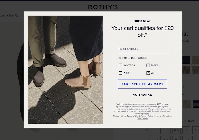 退出意图弹出示例：Rothy's