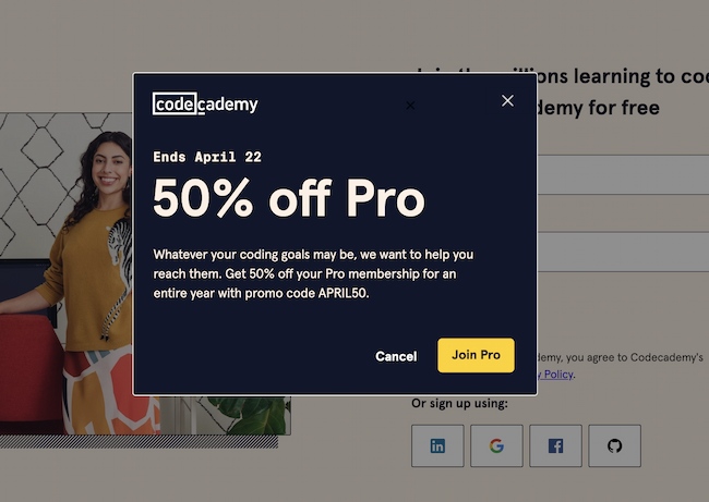 退出意图弹出示例：Codeacademy