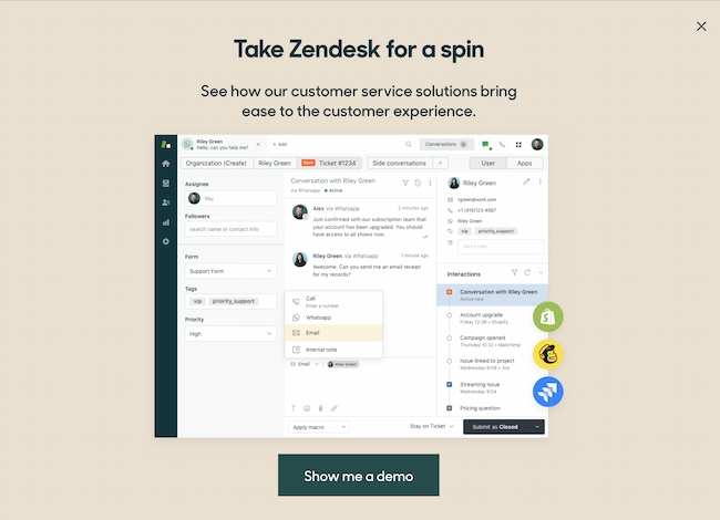 退出意图弹出示例：Zendesk