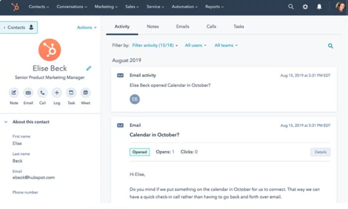 Interface do HubSpot CRM para o melhor software de CRM