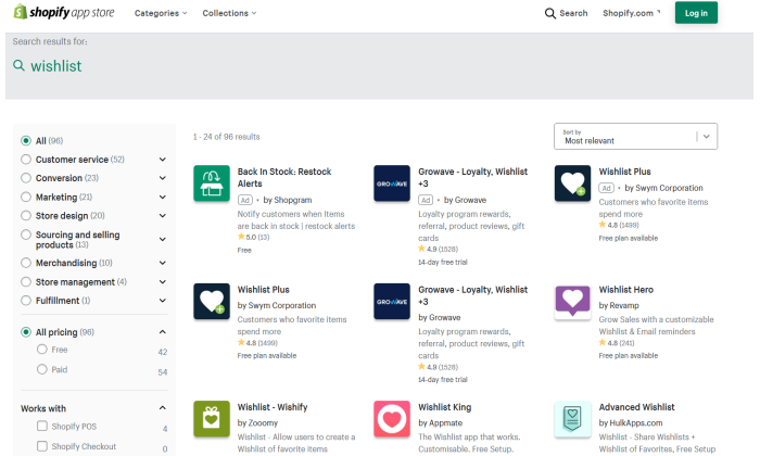 Búsqueda en la tienda de aplicaciones de Shopify para Shopify Vs Wix