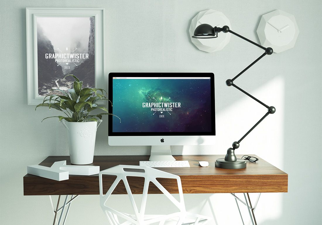 Ruang Kerja Modern Gratis Plus iMac Mockup di PSD