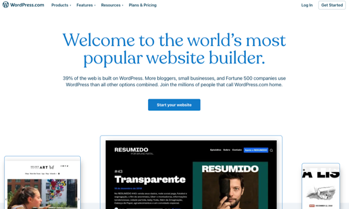 Pagina de constructor WordPress.com pentru cea mai bună găzduire web gratuită