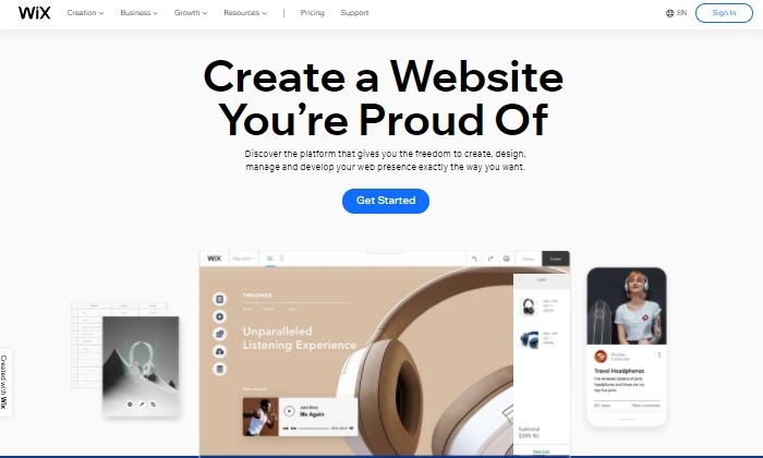 Pagina principală a generatorului Wix pentru cea mai bună găzduire web gratuită