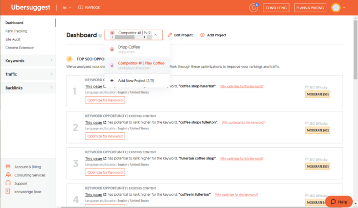在仪表板的 ubersuggest 上跟踪竞争对手