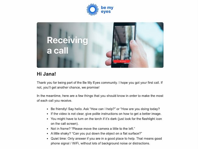 Beispiel für eine E-Mail-Personalisierung: Be My Eyes