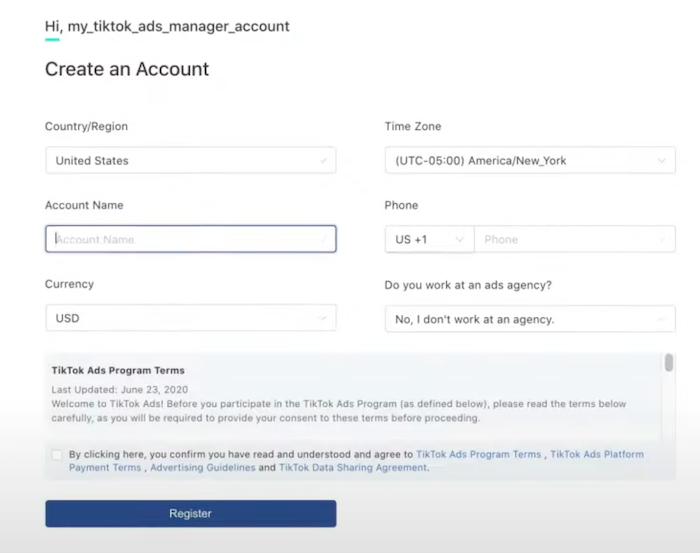 TikTok Ads Manager 输入业务详细信息以创建帐户 TikTok Ads Manager Input Business Details to Create Account